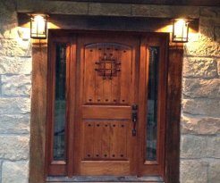 Rustic front door and lights