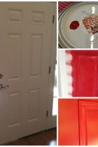 Front Porch Decorating Ideas: A white front door in the process of being painted a vibrant red