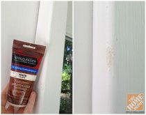 Front Porch Decorating Ideas: Filling in dings with wood filler before painting the front door