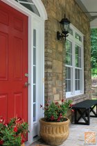 Front Porch Decorating Ideas: Red front door from Sandra of Sawdust Girl blog