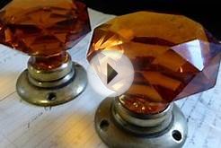 Pair of Antique Amber Cut Glass & Brass Door Knobs
